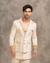 Off White Crepe Self Weave Resham Embroidered Kurta Bomber Jacket Set